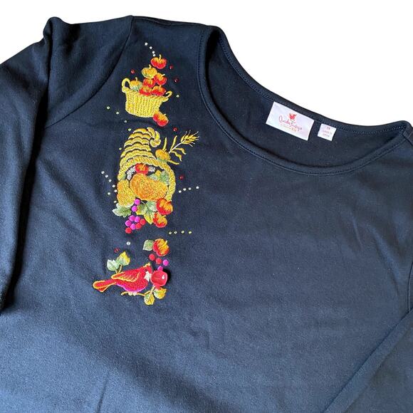 Quacker Factory Women's Black Embroidered Autumn Fall Cornucopia Top 1X - Picture 2 of 8